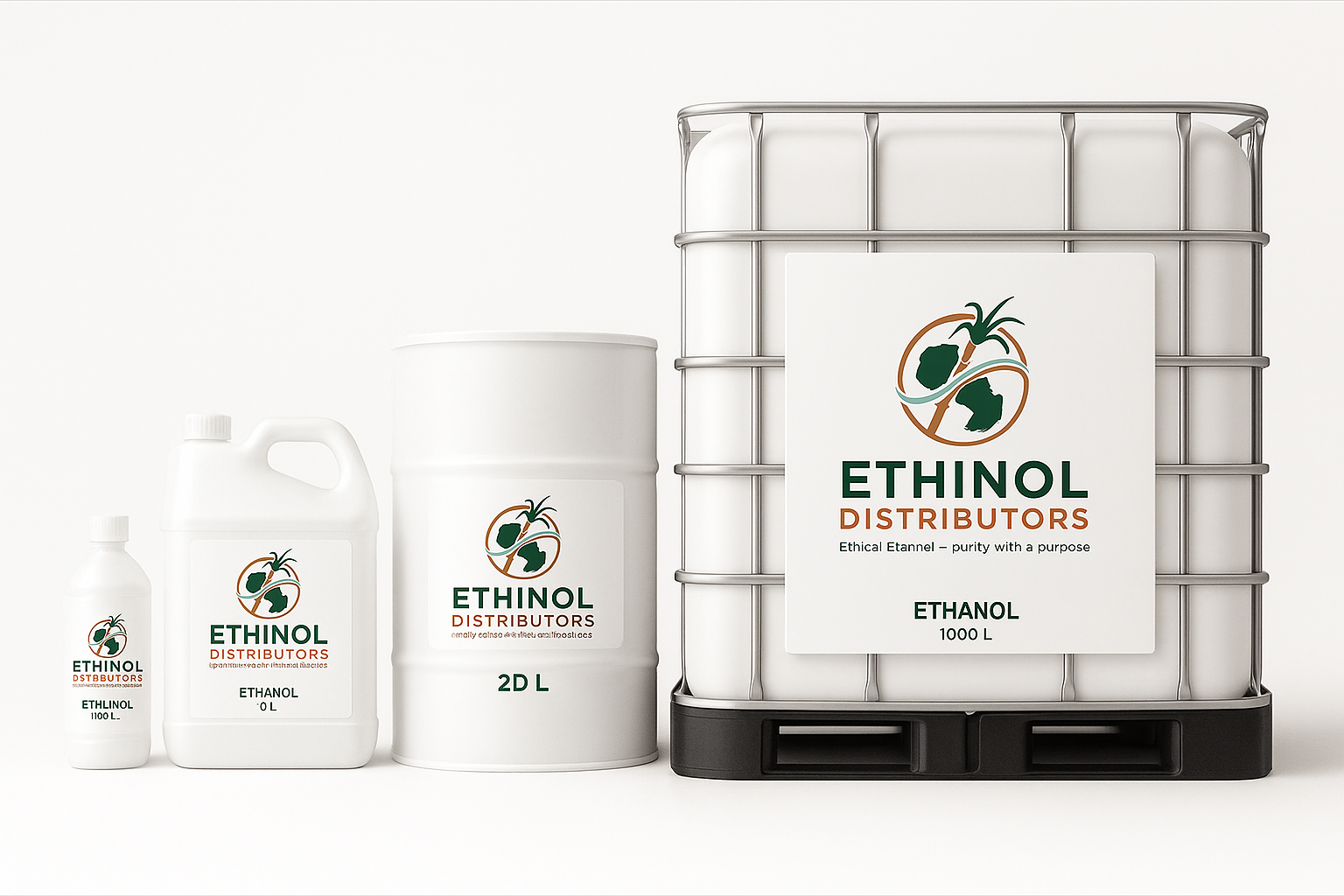 Ethinol Distributors packaging sizes — bottles, jugs, drums, and IBC totes